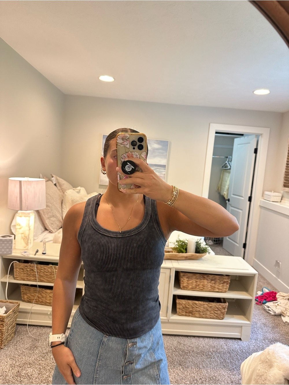 Ribbed Scoop Neck Tank Top - Charcoal